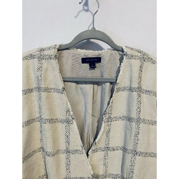 Ann Taylor Jacket Womens 18 Ivory Windowpane Tweed Fringe Academia Work Career - Picture 3 of 7